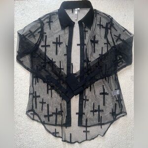 Mono B Mesh Cross Button Up Shirt